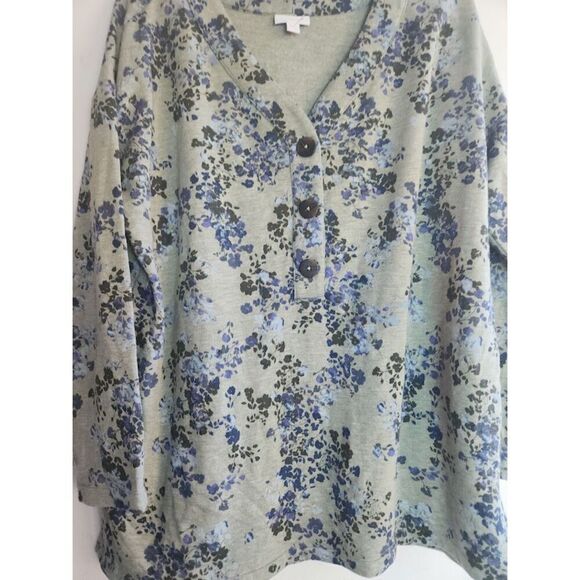 J.Jill Women Gray w/Blue Floral Print Henley Cotton Blend Knit Blouse size Large - Picture 3 of 7